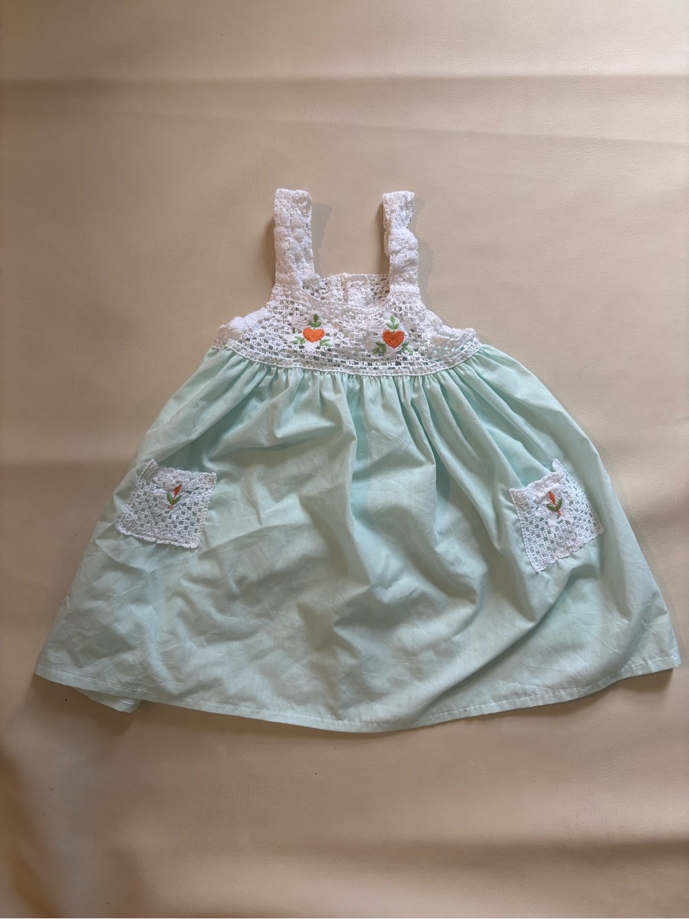Handmade Girls Light Mint Cotton Dress with White Crochet Bodice